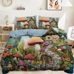 Mushroom Forest Mexican Folk Art Pattern Duvet Cover Set Comforter Set Soft 3-Piece Luxury Cotton Bedding Set Home Decor Gift King Queen Duvet Cover