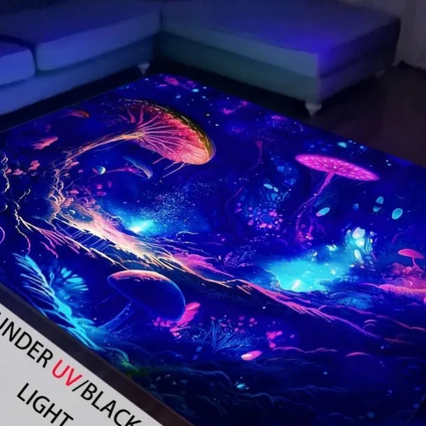 Mushroom Landscape Blacklight Rug Carpet Floor Mat UV Reactive Glow in the Dark Rug Large Non-Slip Rug Mat Carpet for Room Decor