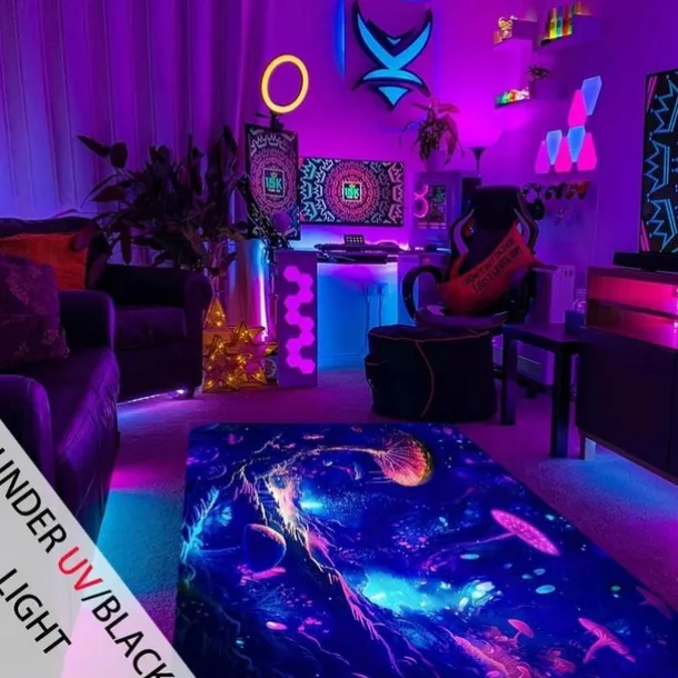 Mushroom Landscape Blacklight Rug Carpet Floor Mat UV Reactive Glow in the Dark Rug Large Non-Slip Rug Mat Carpet for Room Decor
