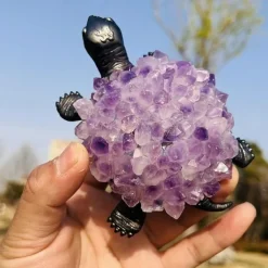 Natural Amethyst Gemstone Teeth Tortoise Statue - Unique Jewelry Accessories for Home Decoration - Handcrafted Turtle Figurine Gift for Animal Lovers