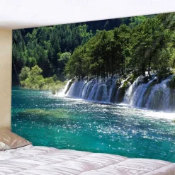 Natural Forest Waterfall Hanging Tapestry Wall Art Large Tapestry Mural Decor Photograph Backdrop Blanket Curtain Home Bedroom Living Room Decoration