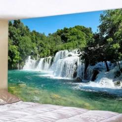 Natural Forest Waterfall Hanging Tapestry Wall Art Large Tapestry Mural Decor Photograph Backdrop Blanket Curtain Home Bedroom Living Room Decoration