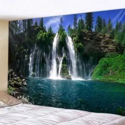 Natural Forest Waterfall Hanging Tapestry Wall Art Large Tapestry Mural Decor Photograph Backdrop Blanket Curtain Home Bedroom Living Room Decoration