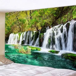 Natural Forest Waterfall Hanging Tapestry Wall Art Large Tapestry Mural Decor Photograph Backdrop Blanket Curtain Home Bedroom Living Room Decoration