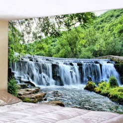 Natural Forest Waterfall Hanging Tapestry Wall Art Large Tapestry Mural Decor Photograph Backdrop Blanket Curtain Home Bedroom Living Room Decoration