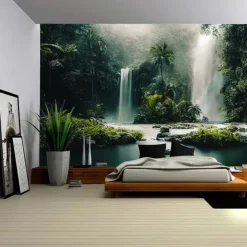 Nature Forest Waterfall Hanging Tapestry Wall Art Large Tapestry Mural Decor Photograph Backdrop Blanket Curtain Home Bedroom Living Room Decoration
