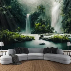 Nature Forest Waterfall Hanging Tapestry Wall Art Large Tapestry Mural Decor Photograph Backdrop Blanket Curtain Home Bedroom Living Room Decoration