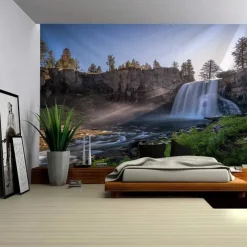 Nature Forest Waterfall Hanging Tapestry Wall Art Large Tapestry Mural Decor Photograph Backdrop Blanket Curtain Home Bedroom Living Room Decoration