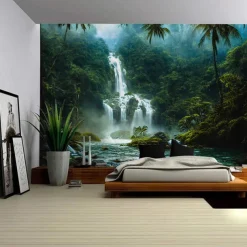 Nature Forest Waterfall Hanging Tapestry Wall Art Large Tapestry Mural Decor Photograph Backdrop Blanket Curtain Home Bedroom Living Room Decoration