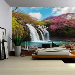 Nature Forest Waterfall Hanging Tapestry Wall Art Large Tapestry Mural Decor Photograph Backdrop Blanket Curtain Home Bedroom Living Room Decoration