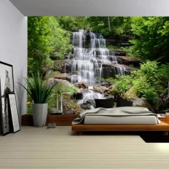 Nature Forest Waterfall Hanging Tapestry Wall Art Large Tapestry Mural Decor Photograph Backdrop Blanket Curtain Home Bedroom Living Room Decoration