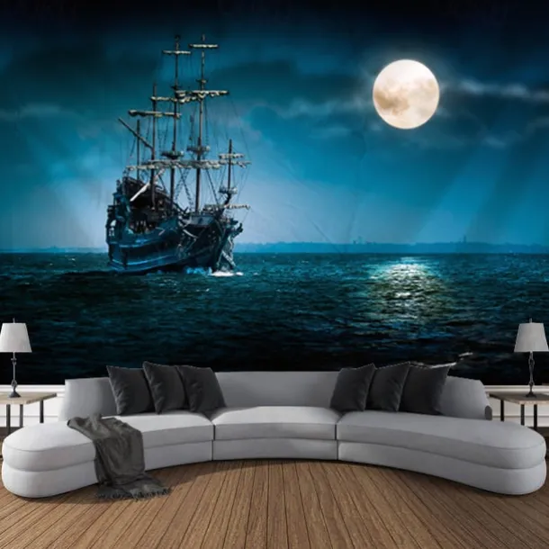 Nature Landscape Hanging Tapestry Wall Art Marine Sailing Moon Large Tapestry Mural Decor Photograph Backdrop Blanket Curtain Home Bedroom Living Room Decoration Pirate
