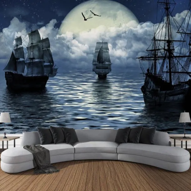 Nature Landscape Hanging Tapestry Wall Art Marine Sailing Moon Large Tapestry Mural Decor Photograph Backdrop Blanket Curtain Home Bedroom Living Room Decoration Pirate