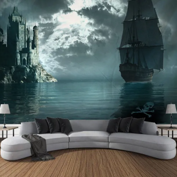 Nature Landscape Hanging Tapestry Wall Art Marine Sailing Moon Large Tapestry Mural Decor Photograph Backdrop Blanket Curtain Home Bedroom Living Room Decoration Pirate