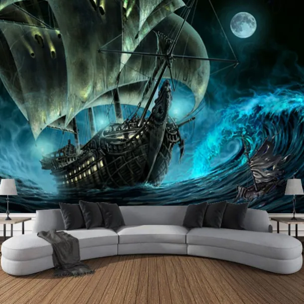 Nature Landscape Hanging Tapestry Wall Art Marine Sailing Moon Large Tapestry Mural Decor Photograph Backdrop Blanket Curtain Home Bedroom Living Room Decoration Pirate