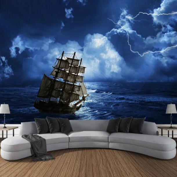 Nature Landscape Hanging Tapestry Wall Art Marine Sailing Moon Large Tapestry Mural Decor Photograph Backdrop Blanket Curtain Home Bedroom Living Room Decoration Pirate