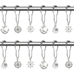 Nautical Shower Curtain Hook 1pc Rustproof Polished Chrome with Antique Silvery, Anchor & Rudder Pendants for Bathroom Decor