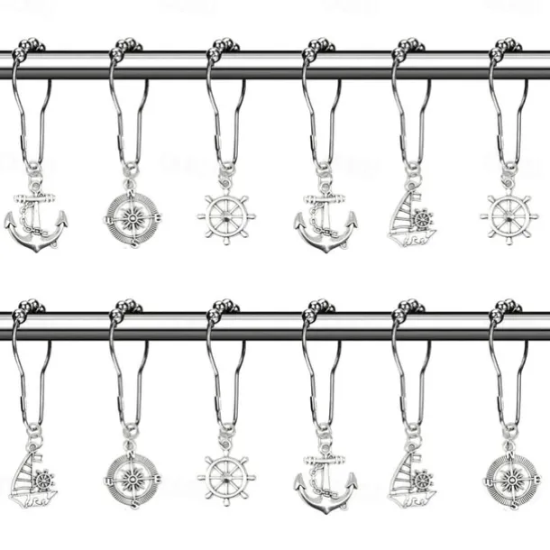 Nautical Shower Curtain Hook 1pc Rustproof Polished Chrome with Antique Silvery, Anchor & Rudder Pendants for Bathroom Decor