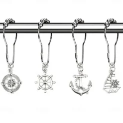 Nautical Shower Curtain Hook 1pc Rustproof Polished Chrome with Antique Silvery, Anchor & Rudder Pendants for Bathroom Decor