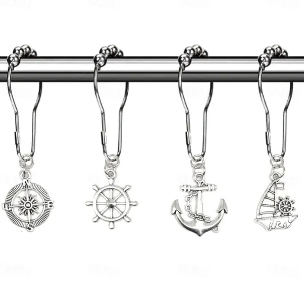 Nautical Shower Curtain Hook 1pc Rustproof Polished Chrome with Antique Silvery, Anchor & Rudder Pendants for Bathroom Decor