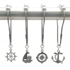 Nautical Shower Curtain Hook 1pc Rustproof Polished Chrome with Antique Silvery, Anchor & Rudder Pendants for Bathroom Decor