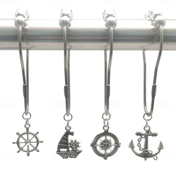 Nautical Shower Curtain Hook 1pc Rustproof Polished Chrome with Antique Silvery, Anchor & Rudder Pendants for Bathroom Decor