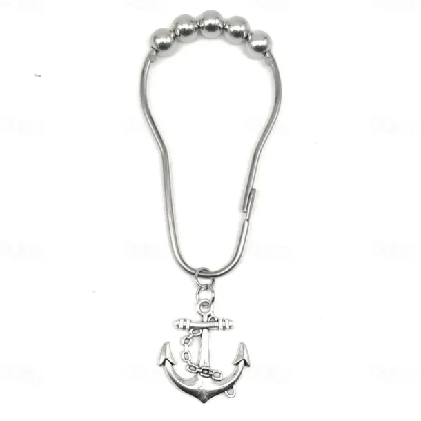 Nautical Shower Curtain Hook 1pc Rustproof Polished Chrome with Antique Silvery, Anchor & Rudder Pendants for Bathroom Decor