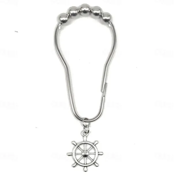 Nautical Shower Curtain Hook 1pc Rustproof Polished Chrome with Antique Silvery, Anchor & Rudder Pendants for Bathroom Decor