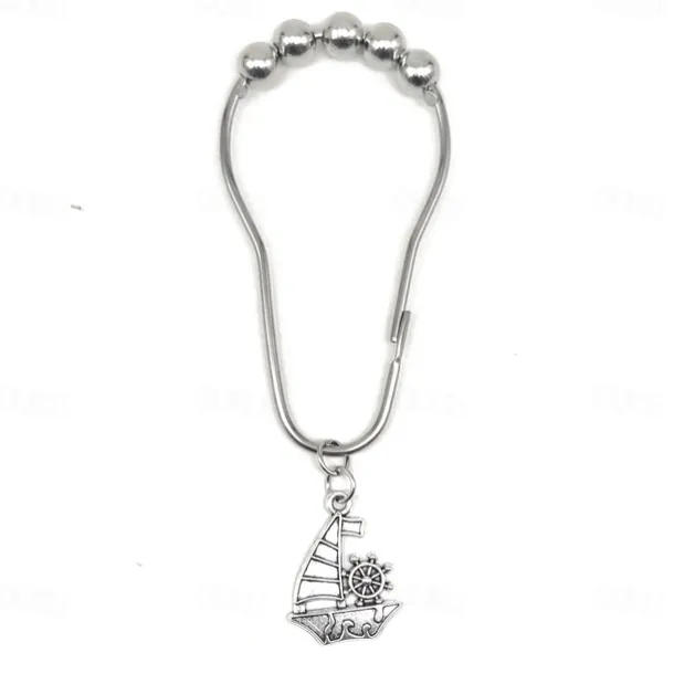 Nautical Shower Curtain Hook 1pc Rustproof Polished Chrome with Antique Silvery, Anchor & Rudder Pendants for Bathroom Decor