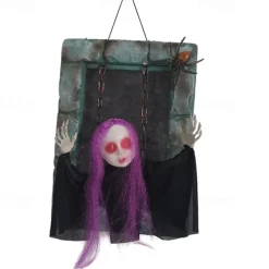 New Halloween Decoration Electric Gravestone Hanging Ghost Voice-Activated Induction Electric Light-Emitting Sound Swinging Horror Thriller Costume