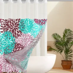 No Hook Leaves Pattern Shower Curtain 180cm*180cm(70"*70"), Double Layer Waterproof Bathtub Curtain with Snap-in Fabric Liner & Sheer Top Window for Bathroom Decor