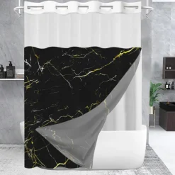 No Hook Shower Curtain 180cm*180cm(70"*70") with Leaves Pattern Snap-In Fabric Liner, Sheer Top Window, Waterproof Double-Layer Bathtub Curtain