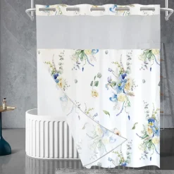 No Hook Shower Curtains 180cm*180cm(70"*70"), Floral Extra Long Bathtub Curtains with Snap in Liner, Botanical Flowers Waterproof Washable Fabric Bathroom Shower Curtain Sets