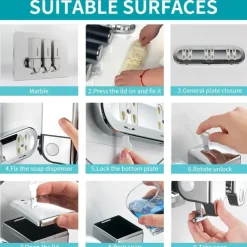 No-Drill Wall Mounted soap Dispenser for Bathroom and Kitchen, Shampoo and Conditioner Dispenser Drill Free with Adhesive