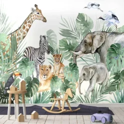 Nursery Mural Wallpaper Wall Sticker Covering Print Peel and Stick Self Adhesive Cartoon Giraffe Elephant Animal Canvas Home Decor