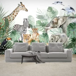 Nursery Mural Wallpaper Wall Sticker Covering Print Peel and Stick Self Adhesive Cartoon Giraffe Elephant Animal Canvas Home Decor