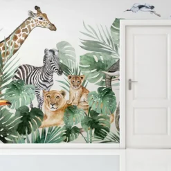 Nursery Mural Wallpaper Wall Sticker Covering Print Peel and Stick Self Adhesive Cartoon Giraffe Elephant Animal Canvas Home Decor
