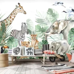 Nursery Mural Wallpaper Wall Sticker Covering Print Peel and Stick Self Adhesive Cartoon Giraffe Elephant Animal Canvas Home Decor