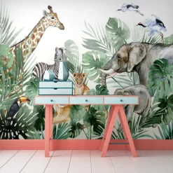 Nursery Mural Wallpaper Wall Sticker Covering Print Peel and Stick Self Adhesive Cartoon Giraffe Elephant Animal Canvas Home Decor
