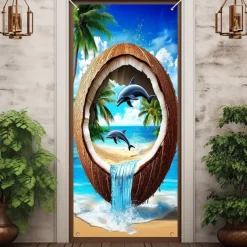 Ocean Coconut Door Decorations Door Covers Door Tapestry Door Curtain Decoration Backdrop Indoor/Outdoor Door Banner for Front Door Farmhouse