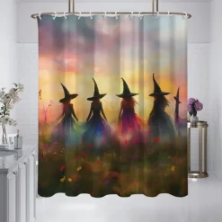 Oil painting Halloween witch shower curtain modern machine washable waterproof polyester fabric for bathroom decoration bathtub with 12 hooks