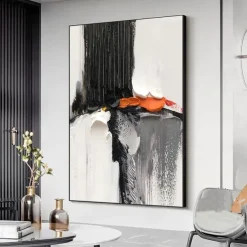 Oil Painting hand painted Black and White 3D Texture Abstract Painting Large Minimalist Abstract painting Wall Art Orange Texture Painting Black and White Minimalist Painting
