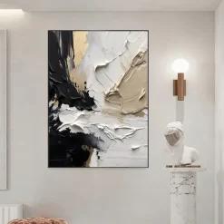 Oil Painting hand painted Black and White 3D Texture Abstract Painting Large Minimalist Abstract painting Wall Art Orange Texture Painting Black and White Minimalist Painting