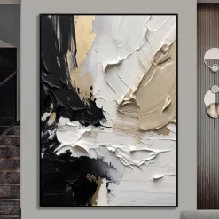 Oil Painting hand painted Black and White 3D Texture Abstract Painting Large Minimalist Abstract painting Wall Art Orange Texture Painting Black and White Minimalist Painting