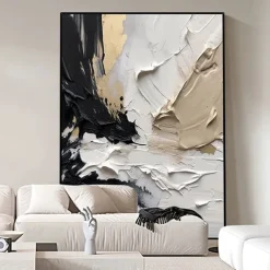 Oil Painting hand painted Black and White 3D Texture Abstract Painting Large Minimalist Abstract painting Wall Art Orange Texture Painting Black and White Minimalist Painting