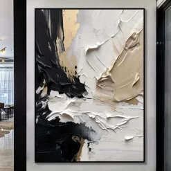 Oil Painting hand painted Black and White 3D Texture Abstract Painting Large Minimalist Abstract painting Wall Art Orange Texture Painting Black and White Minimalist Painting