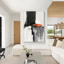 Oil Painting hand painted Black and White 3D Texture Abstract Painting Large Minimalist Abstract painting Wall Art Orange Texture Painting Black and White Minimalist Painting