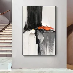 Oil Painting hand painted Black and White 3D Texture Abstract Painting Large Minimalist Abstract painting Wall Art Orange Texture Painting Black and White Minimalist Painting