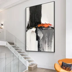 Oil Painting hand painted Black and White 3D Texture Abstract Painting Large Minimalist Abstract painting Wall Art Orange Texture Painting Black and White Minimalist Painting