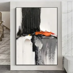 Oil Painting hand painted Black and White 3D Texture Abstract Painting Large Minimalist Abstract painting Wall Art Orange Texture Painting Black and White Minimalist Painting